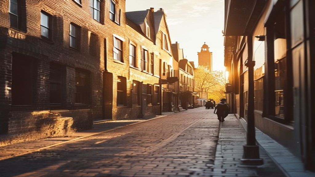 Urban walking path in Portland city neighborhood with historic buildings